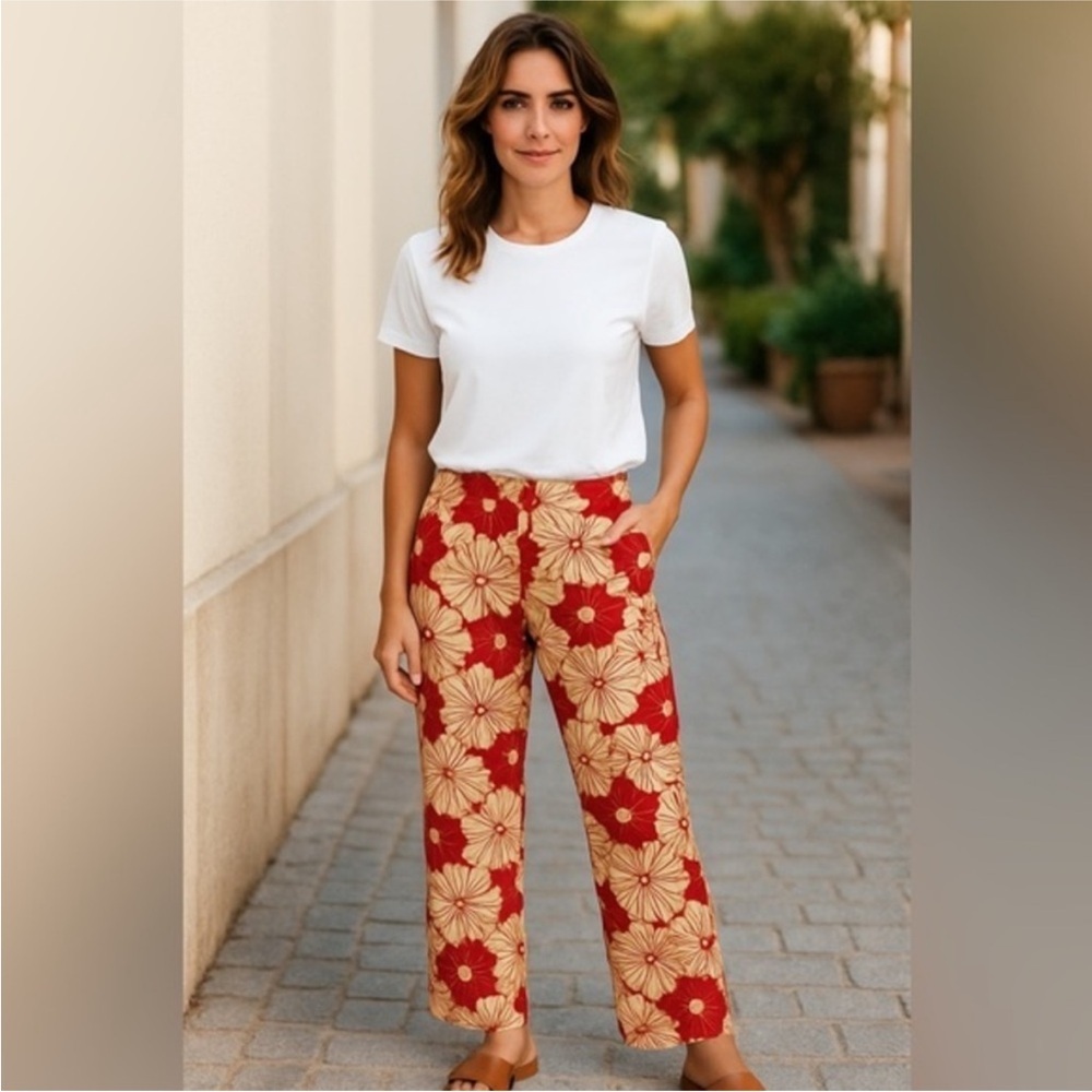 Ann Taylor Loft Floral Red and Tan Pants - Picture 1 of 7